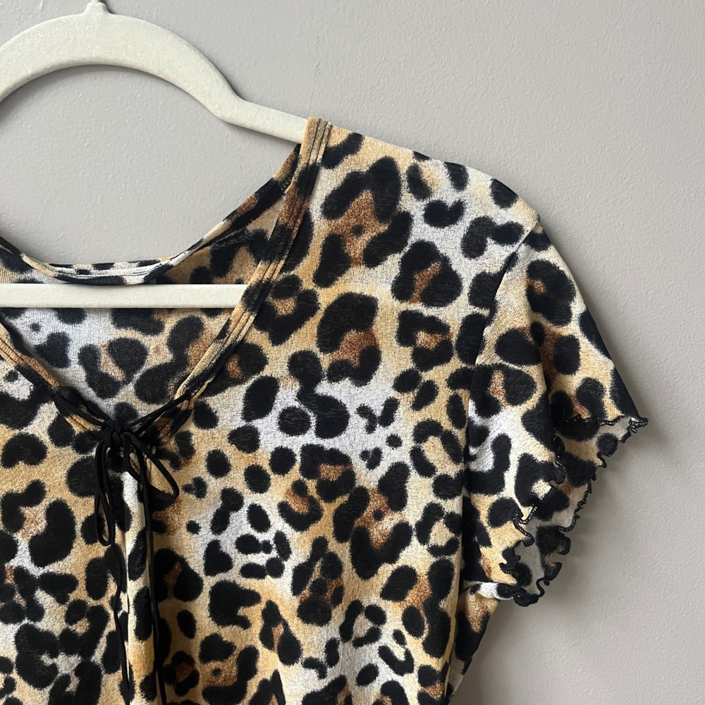 Vintage Y2K Leopard Print Top Women's Small Mesh Fitted Stretch Lettuce Hem - Picture 5 of 12
